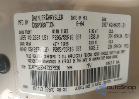 2004 Chrysler Pt Cruiser Touring z USA, uszkodzony, nr VIN 3C4FY58BX4T337936